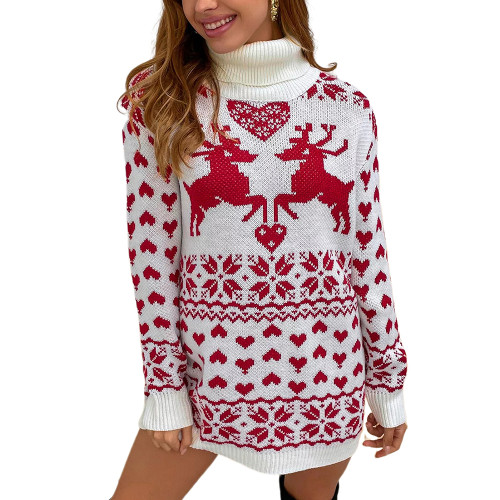 Red High Collar Elk Heart Sweater Dress TQK310708-3