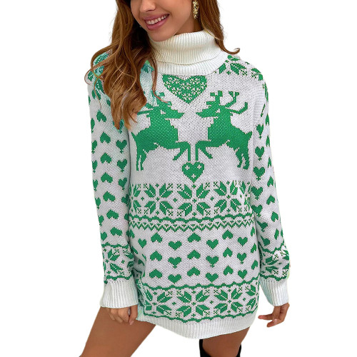 Green High Collar Elk Heart Sweater Dress TQK310708-9