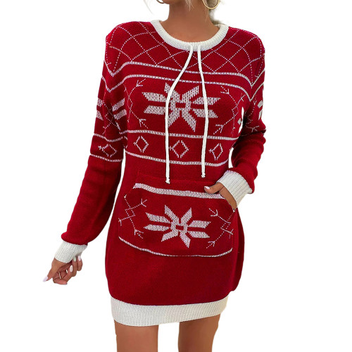 Red Christmas Print Kangaroo Pocket Sweater Dress TQK310709-3