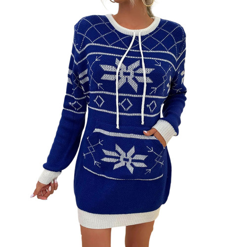 Blue Christmas Print Kangaroo Pocket Sweater Dress TQK310709-5