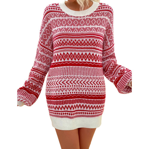 Red Stripe Print Loose Long Sleeve Sweater Dress TQK310707-3