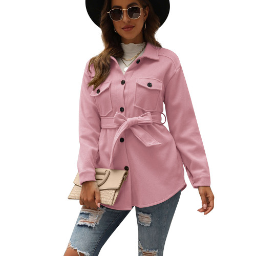 Pink Button Tie Waist Woolen Coat with Pockets TQK280150-10