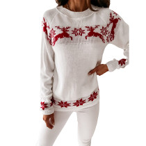 White Partial Christmas Elk Print Knit Sweater TQK271367-1