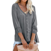 Gray Hollow-out V Neck Button Long Sleeve Tops TQK210855-11