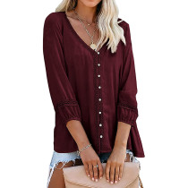 Wine Red Hollow-out V Neck Button Long Sleeve Tops TQK210855-23