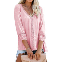 Pink Hollow-out V Neck Button Long Sleeve Tops TQK210855-10