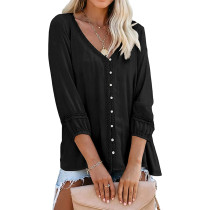 Black Hollow-out V Neck Button Long Sleeve Tops TQK210855-2