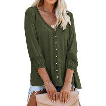 Army Green Hollow-out V Neck Button Long Sleeve Tops TQK210855-27