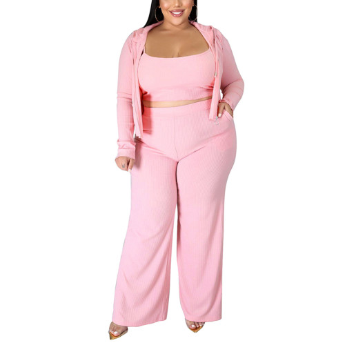 Pink 3pcs Rib Bra Hooded Coat and Pants Plus Size Set TQK710430-10