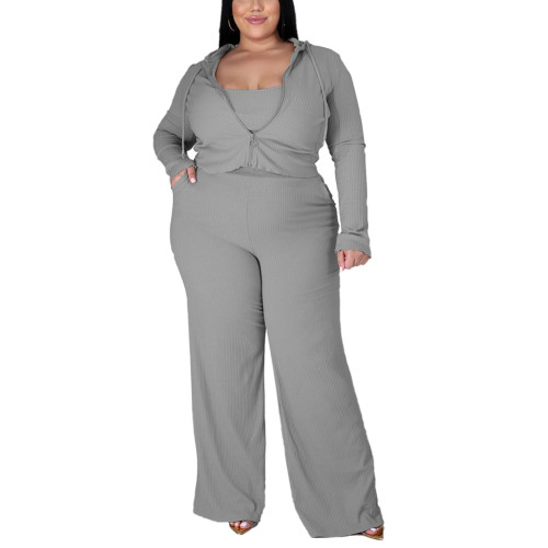 Gray 3pcs Rib Bra Hooded Coat and Pants Plus Size Set TQK710430-11