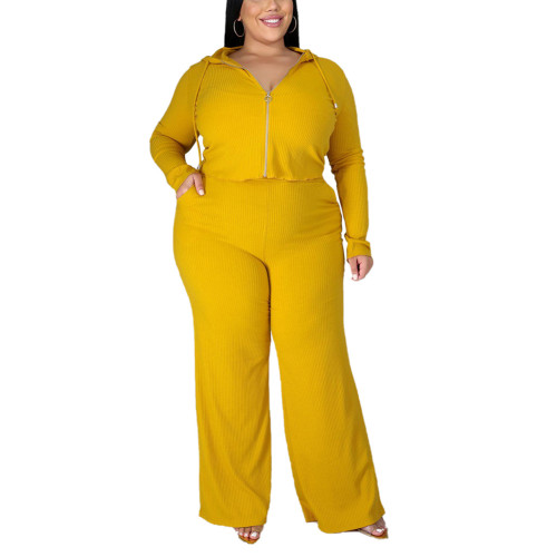 Yellow 3pcs Rib Bra Hooded Coat and Pants Plus Size Set TQK710430-7