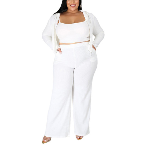 White 3pcs Rib Bra Hooded Coat and Pants Plus Size Set TQK710430-1
