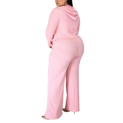 Pink 3pcs Rib Bra Hooded Coat and Pants Plus Size Set TQK710430-10