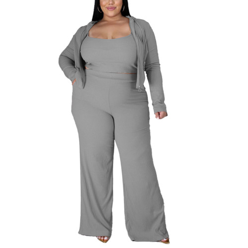 Gray 3pcs Rib Bra Hooded Coat and Pants Plus Size Set TQK710430-11