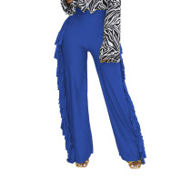 Blue Cotton Blend Sides Tassel Pants TQK530063-5