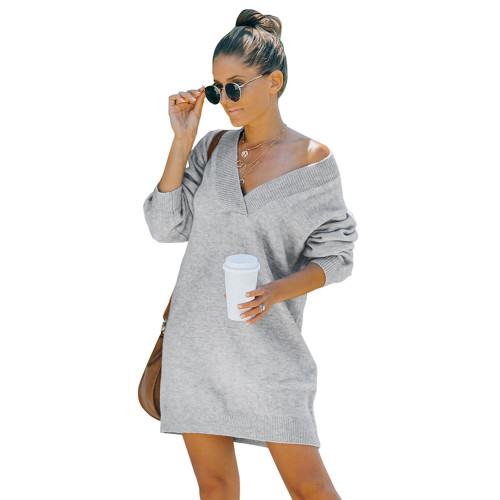 Light Gray V Neck Long Sleeve Knit Sweater Dress TQV00019-25