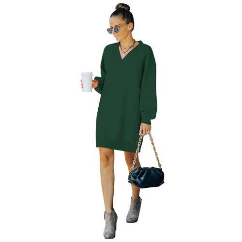 Green V Neck Long Sleeve Knit Sweater Dress TQV00019-9