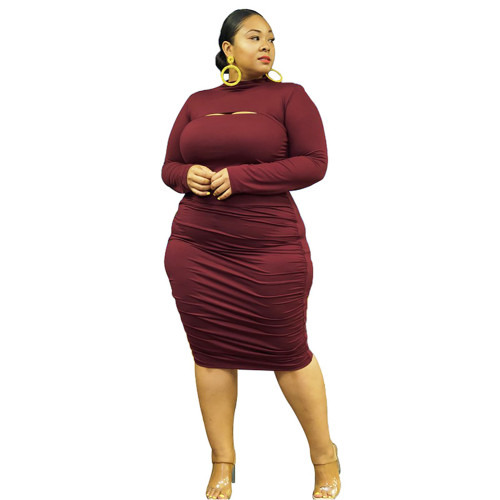 Wine Red Sling Bodycon Dress with Long Sleeve Shawl Plus Size Set TQV00016-103