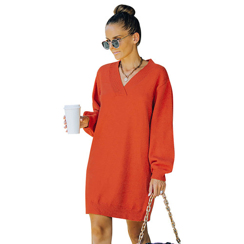 Orange V Neck Long Sleeve Knit Sweater Dress TQV00019-14