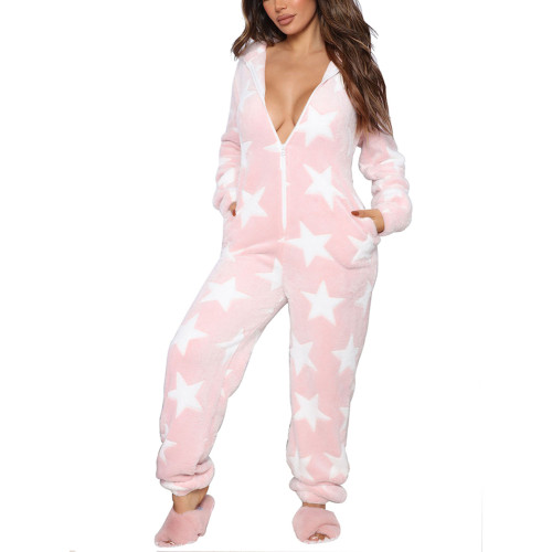 Light Pink Christmas Printed Hooded Zipper Lounge Jumpsuit TQK550276-39
