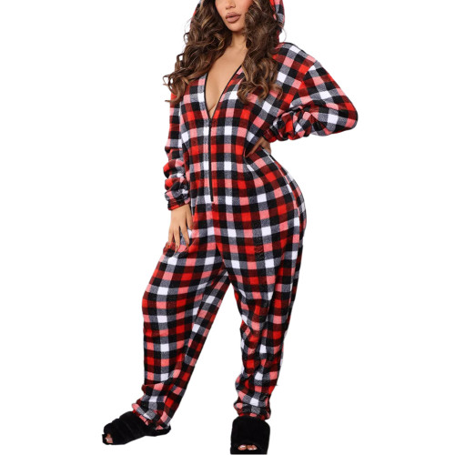 Red Christmas Printed Hooded Zipper Lounge Jumpsuit TQK550276-3