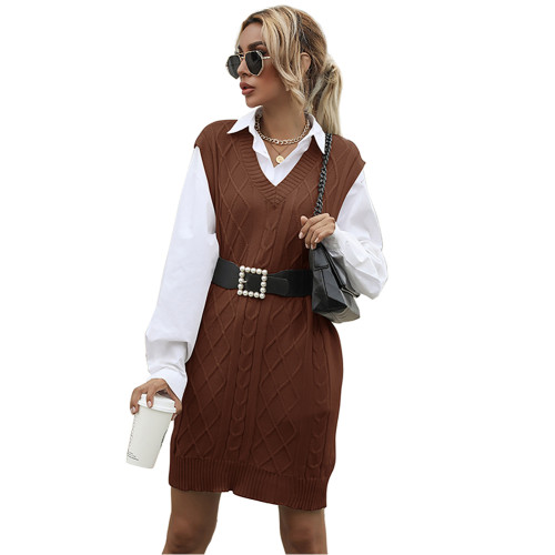 Brown Knitted Sleeveless Tank Sweater Dress TQF311008-17