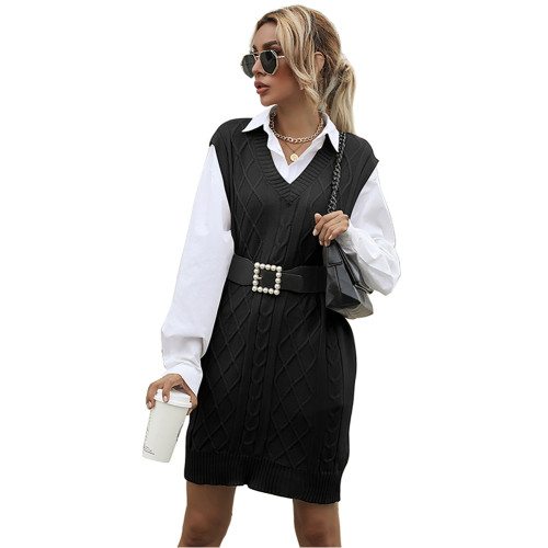Black Knitted Sleeveless Tank Sweater Dress TQF311008-2