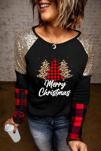 Merry Christmas Graphic Print Sequin Patchwork Long Sleeve Top LC25112952-2