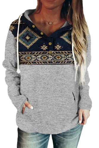 Blue Printed Stitching Snap Buttons Pullover Hoodie LC2533576-5