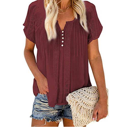 Red Hollow Out V Neckline Short Sleeve Top TQK210711-3