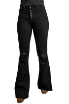Black Button Fly Distressed Bell Bottom Jeans LC783660-2