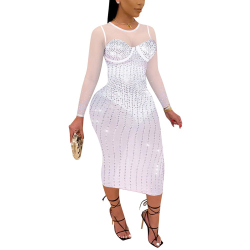 White Mesh Rhinestone Plus Size Long Sleeve Dress TQK310776-1