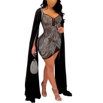 Black Mesh Rhinestone Cape Style long Sleeve Dress TQK310774-2