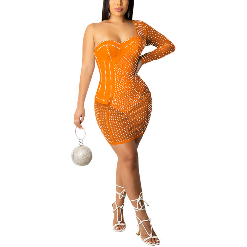 Orange One Shoulder Mesh Rhinestone Bodycon Dress TQK310773-14