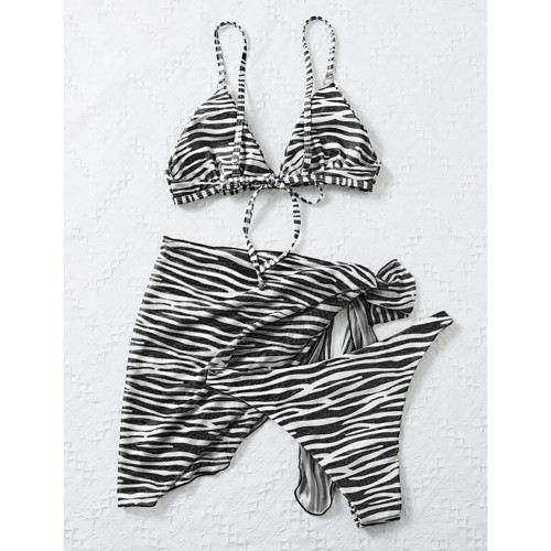 Black 3pcs Stripe Tie Waist Skirt with Bikini Set TQK610252-2
