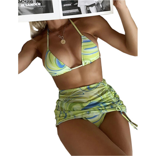 Grass Green 3pcs Stripe Drawstring Skirt with Halter Bikini Set TQK610253-61