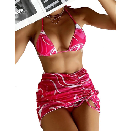 Red 3pcs Stripe Drawstring Skirt with Halter Bikini Set TQK610253-3