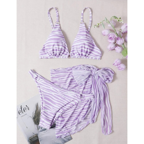 Light Purple 3pcs Stripe Tie Waist Skirt with Bikini Set TQK610252-38