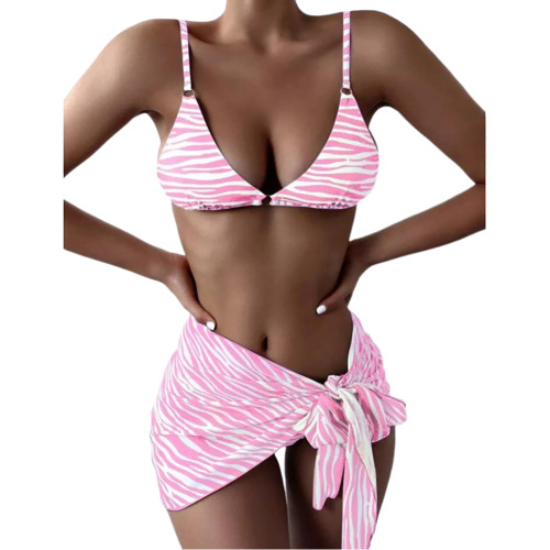Light Pink 3pcs Stripe Tie Waist Skirt with Bikini Set TQK610252-39