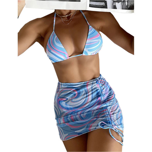 Light Blue 3pcs Stripe Drawstring Skirt with Halter Bikini Set TQK610253-30