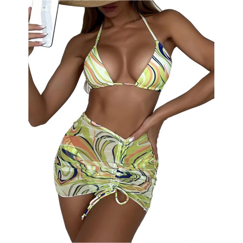 Yellow 3pcs Stripe Drawstring Skirt with Halter Bikini Set TQK610253-7