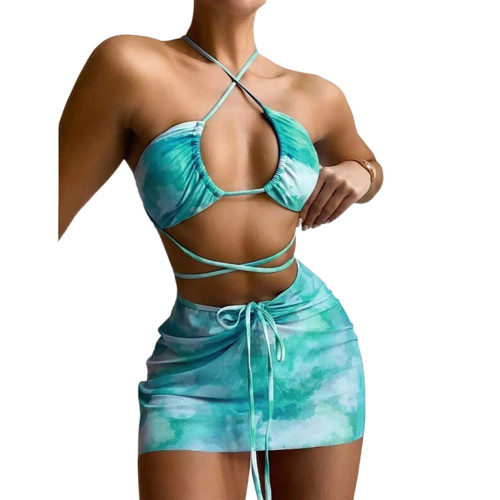 Aquamarine 3pcs Marble Print Halter Bikini Set TQK610251-45
