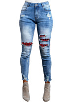 Plaid Patchwork Skinny Fit High Waist Distressed Jeans LC783986-4