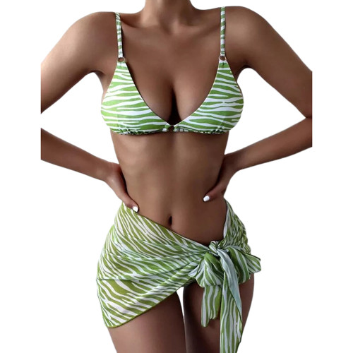 Light Green 3pcs Stripe Tie Waist Skirt with Bikini Set TQK610252-28