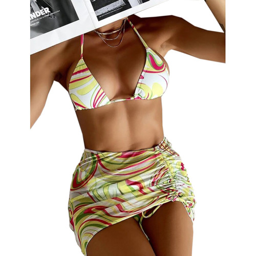 Light Yellow 3pcs Stripe Drawstring Skirt with Halter Bikini Set TQK610253-42