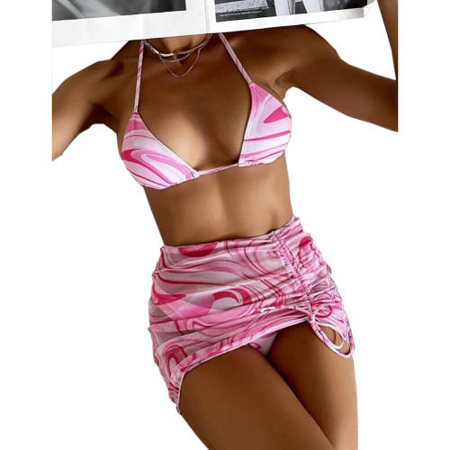 Pink 3pcs Stripe Drawstring Skirt with Halter Bikini Set TQK610253-10