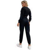 Black Hollow Out Long Sleeve Crop Top with Pant Set TQF711003-2