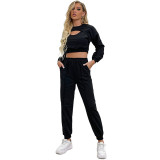 Black Hollow Out Long Sleeve Crop Top with Pant Set TQF711003-2