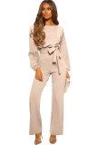 Apricot Boat Neck Bubble Sleeve Straight Legs Jumpsuit with Belt Tie LC643428-18