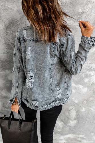 Gray Distressed Buttons Washed Denim Jacket LC8511410-11